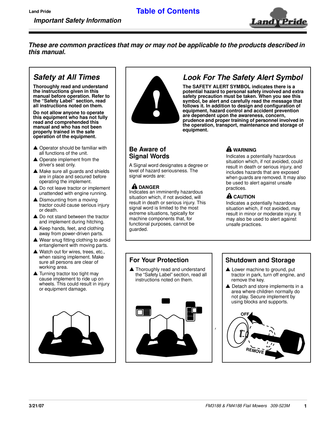 Land Pride FM3188 Safety at All Times, Look For The Safety Alert Symbol, Important Safety Information, Table of Contents 