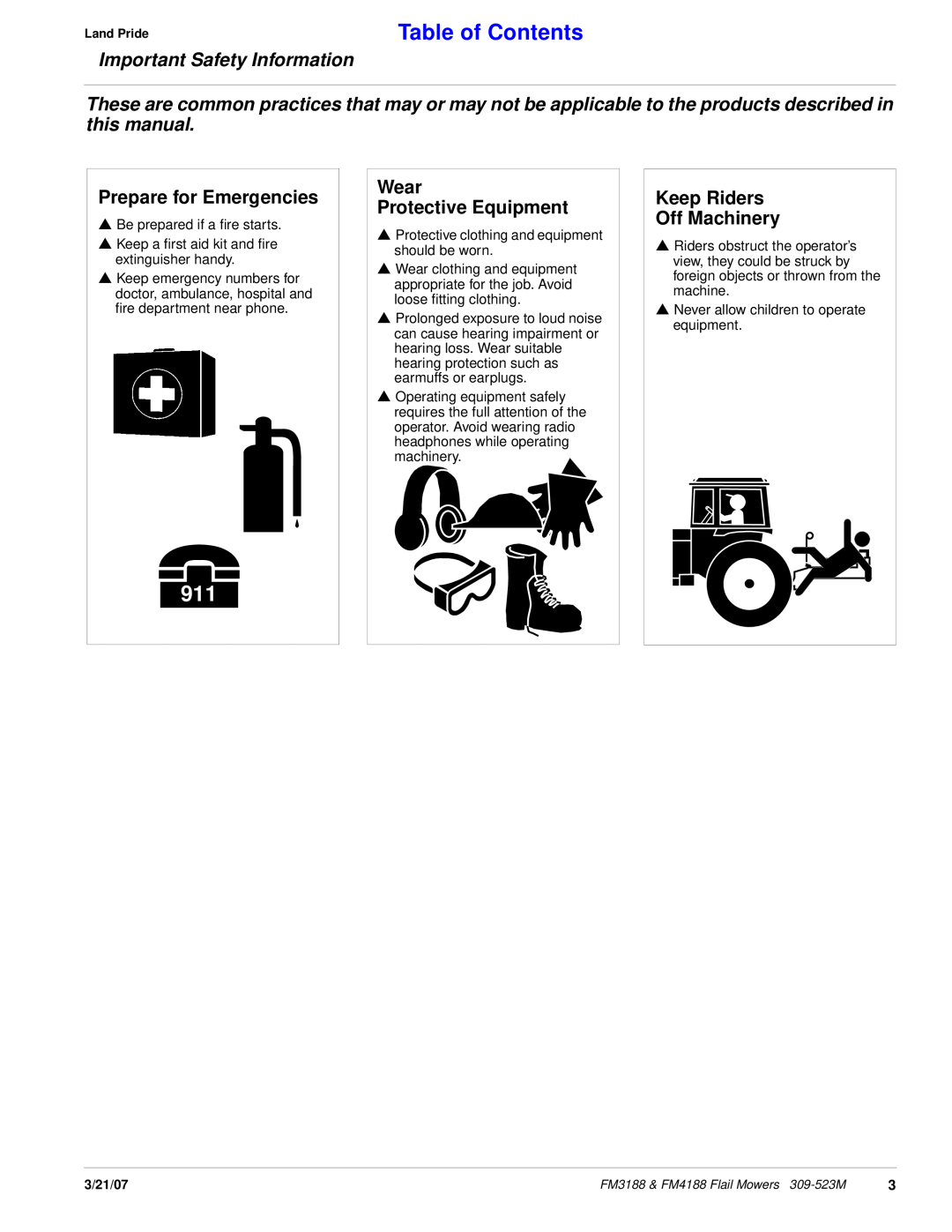Land Pride FM3188 Table of Contents, Important Safety Information, Prepare for Emergencies, Wear Protective Equipment 