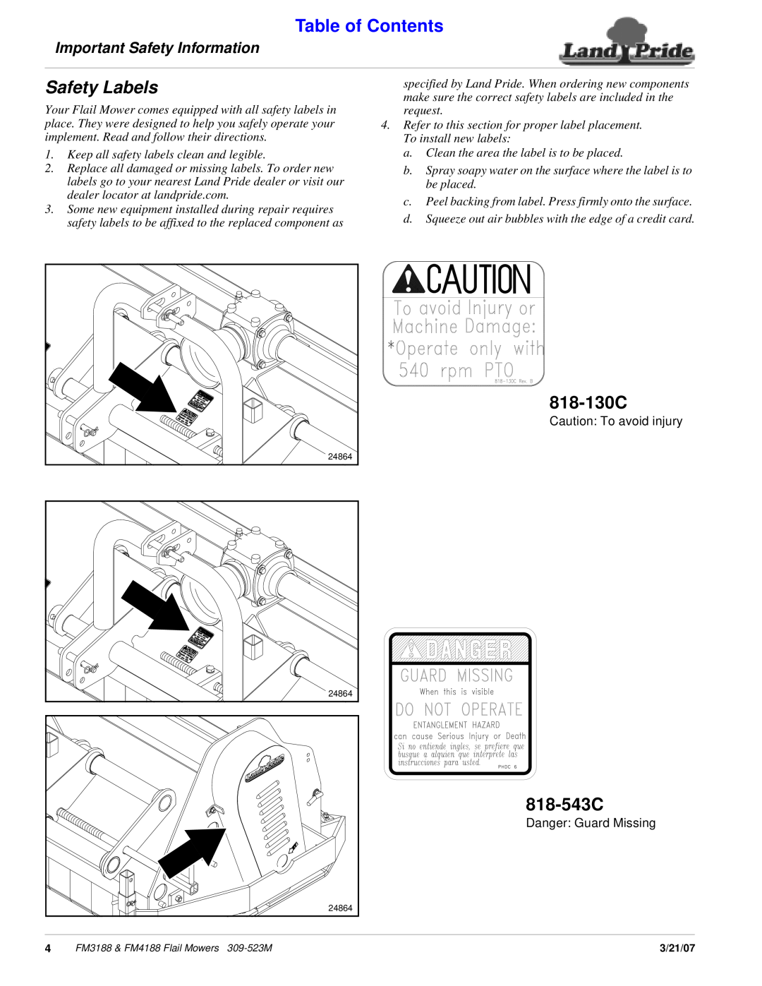 Land Pride FM4188 Safety Labels, 818-130C, 818-543C, Table of Contents, Important Safety Information, Danger Guard Missing 