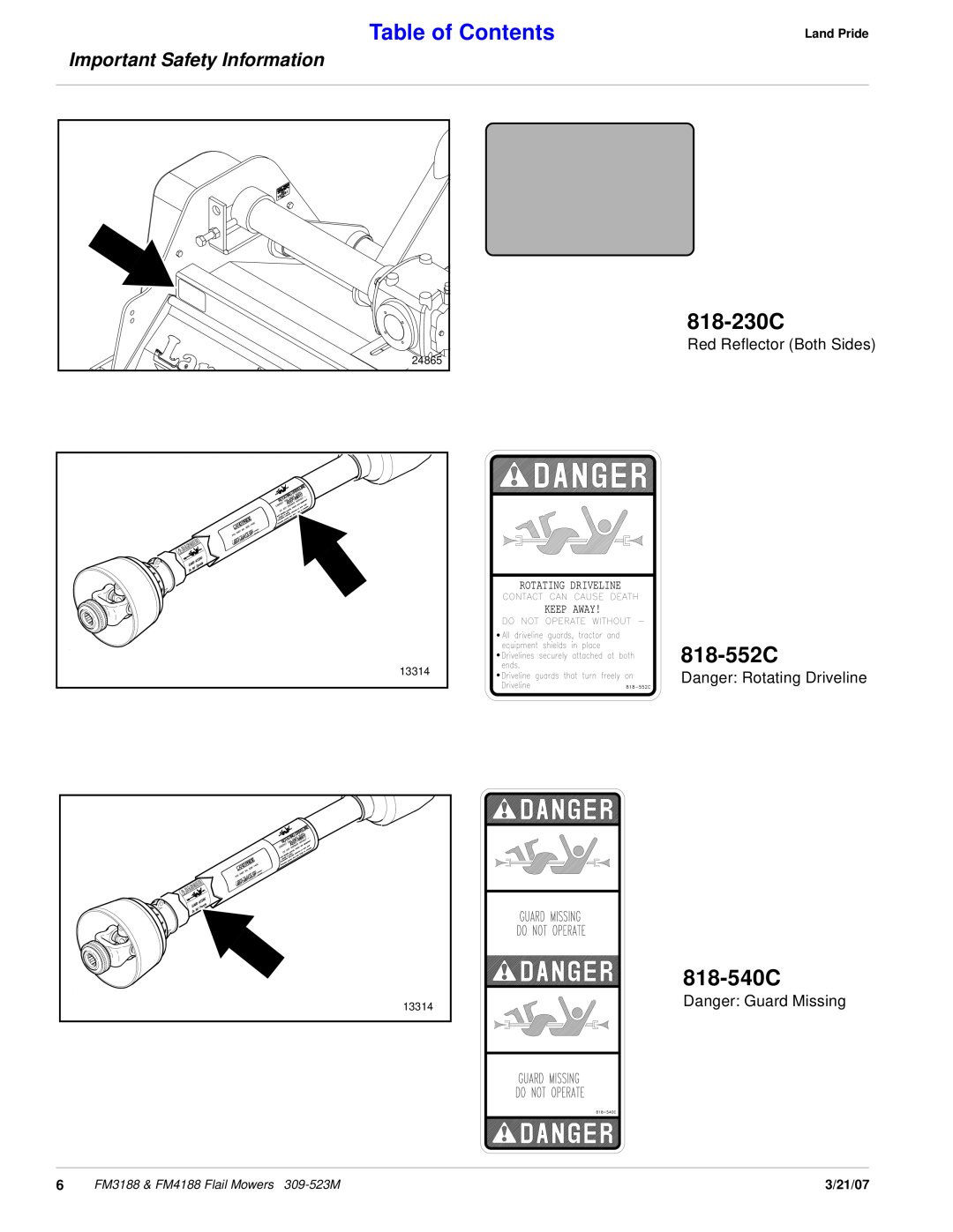 Land Pride FM4188 818-230C, 818-552C, 818-540C, Table of Contents, Important Safety Information, 3/21/07, 24865, 13314 