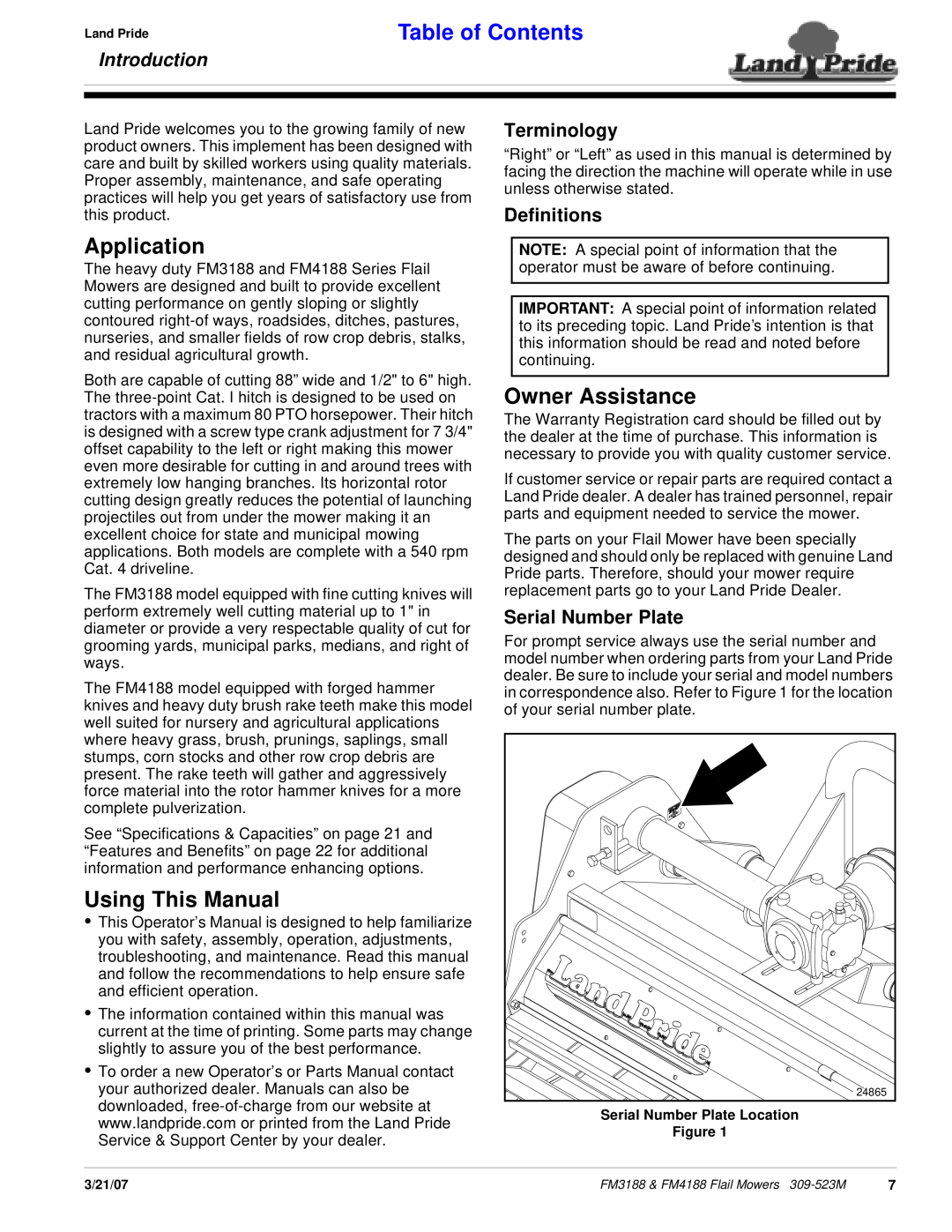 Land Pride FM3188, FM4188 manual Application, Using This Manual, Owner Assistance, Introduction, Table of Contents 