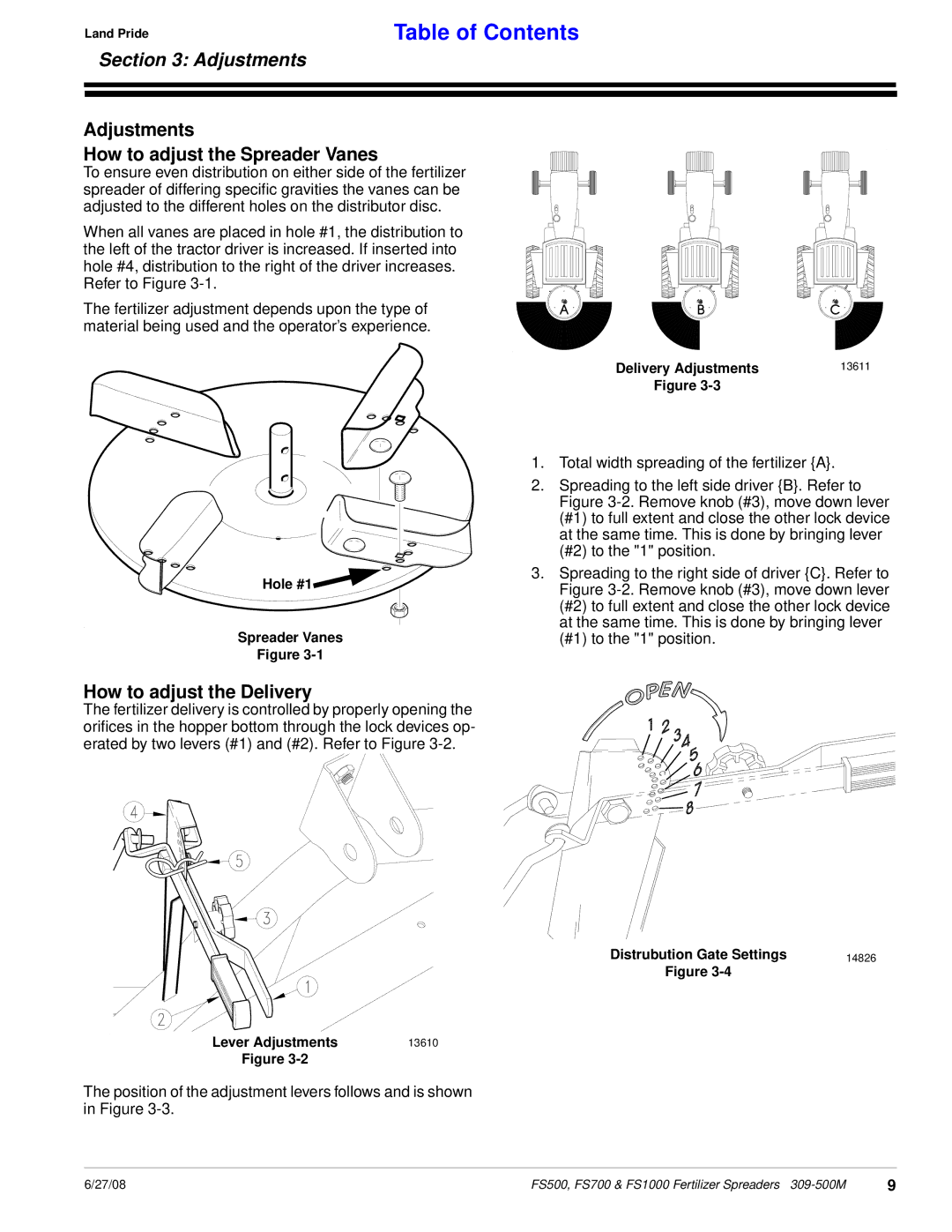 Land Pride Fertilizer Spreaders, FS500, FS1000 Adjustments How to adjust the Spreader Vanes, How to adjust the Delivery 