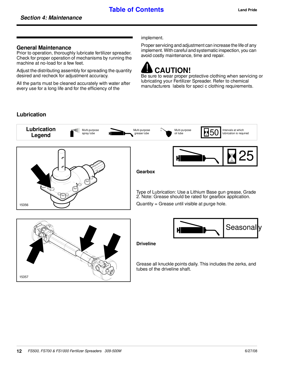 Land Pride FS700, FS500, FS1000, Fertilizer Spreaders manual General Maintenance, Lubrication, Gearbox, Driveline 