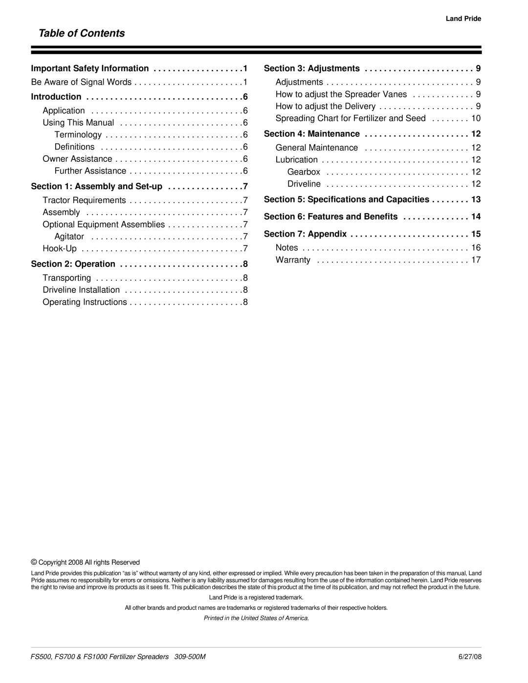 Land Pride FS700, FS500, FS1000, Fertilizer Spreaders manual Table of Contents 