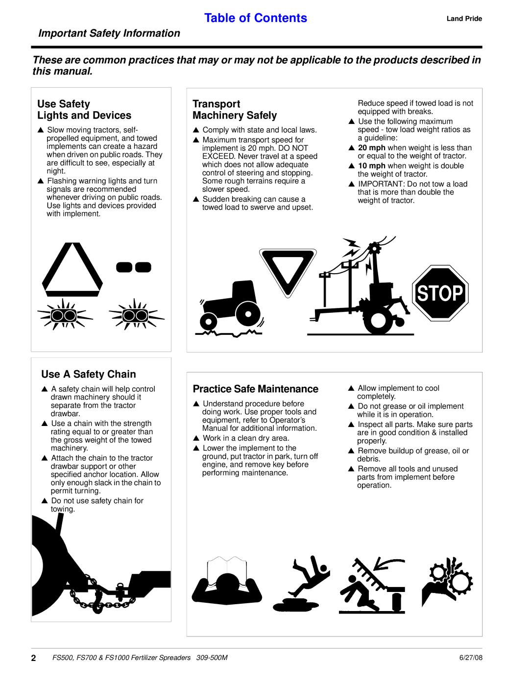 Land Pride FS500, FS1000, FS700 manual Important Safety Information, Use Safety Lights and Devices, Practice Safe Maintenance 