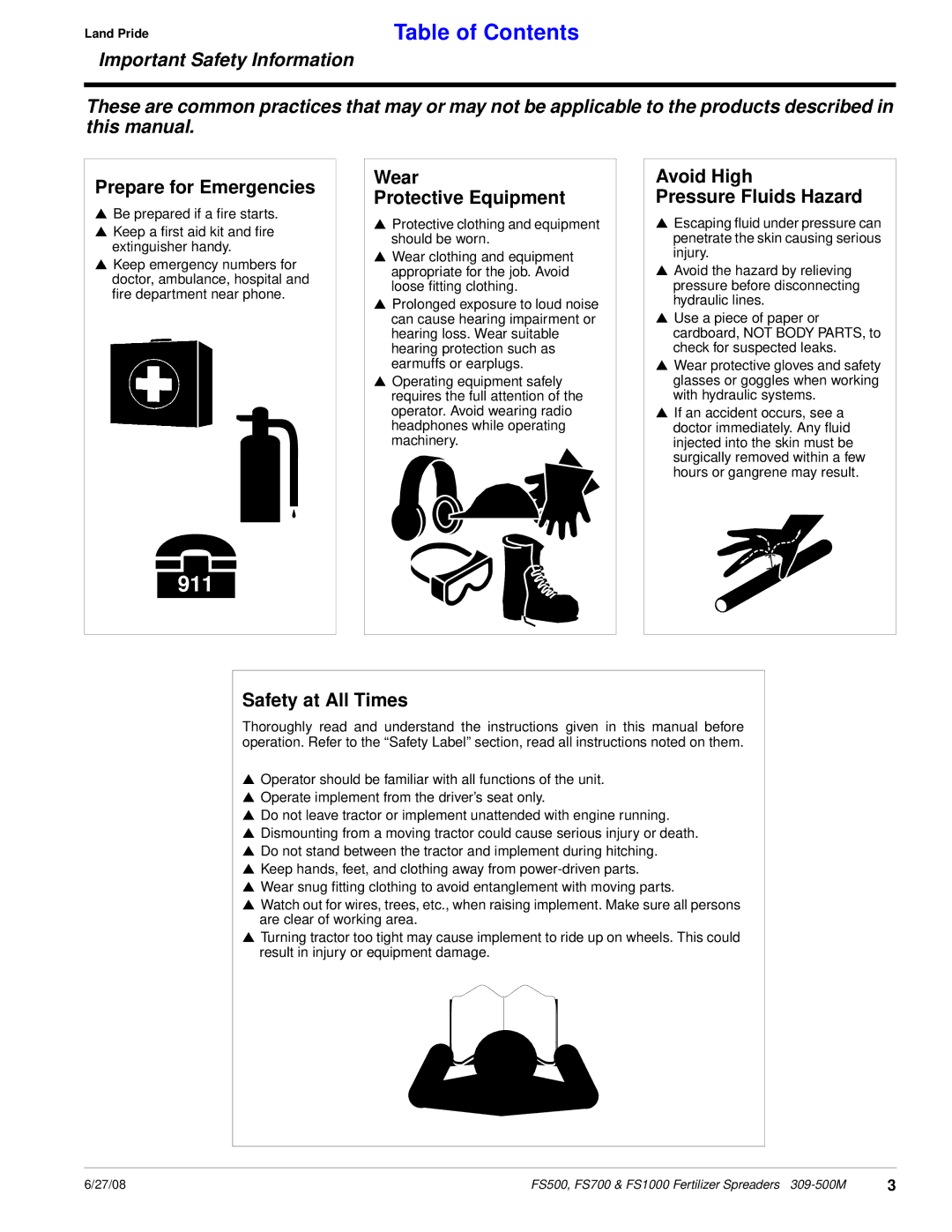 Land Pride FS1000, FS500, FS700 manual Prepare for Emergencies, Wear Protective Equipment, Avoid High Pressure Fluids Hazard 