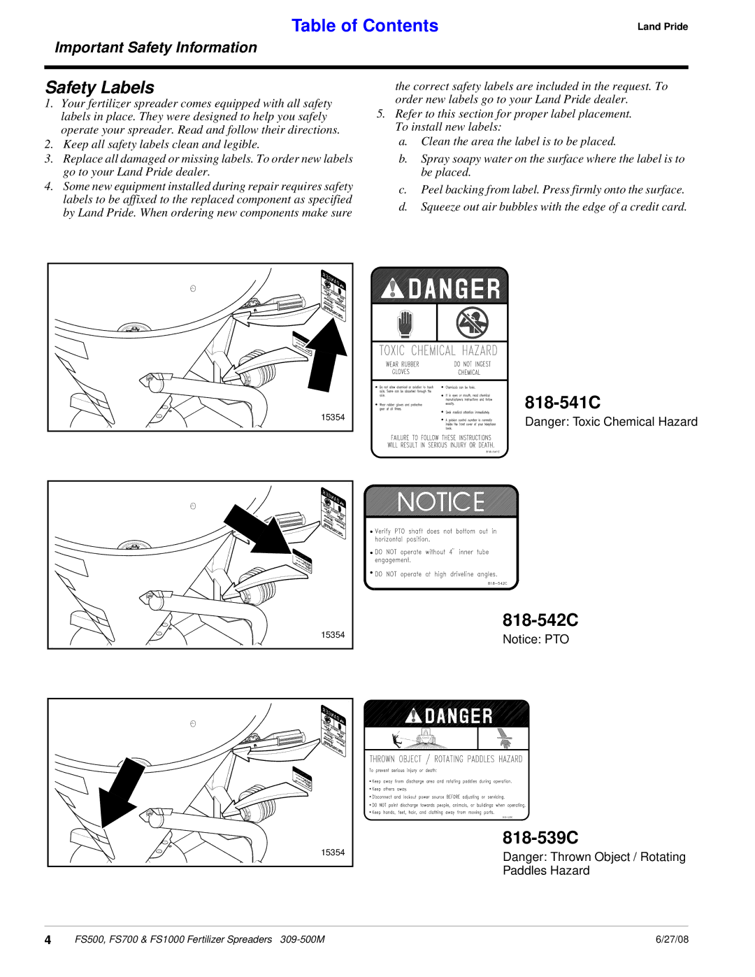 Land Pride FS700, FS500, FS1000, Fertilizer Spreaders manual Safety Labels 