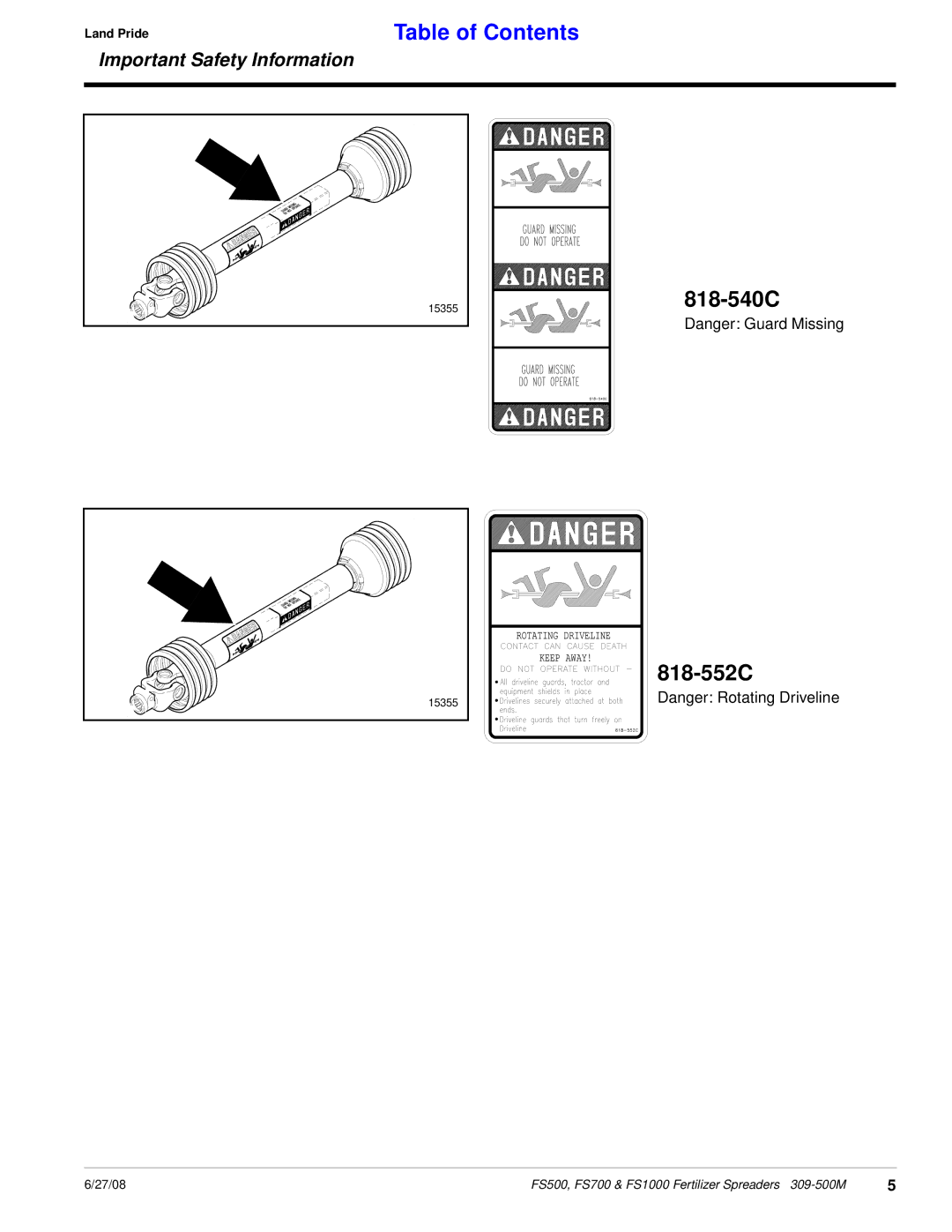 Land Pride Fertilizer Spreaders, FS500, FS1000, FS700 manual 818-540C 