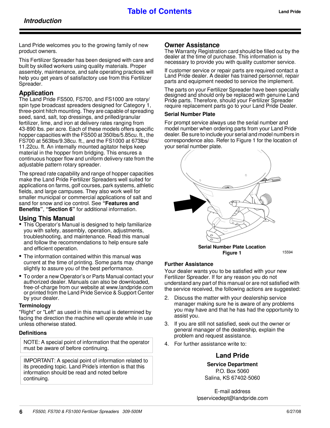 Land Pride FS500, FS1000, FS700 manual Introduction, Application, Using This Manual, Owner Assistance, Land Pride 