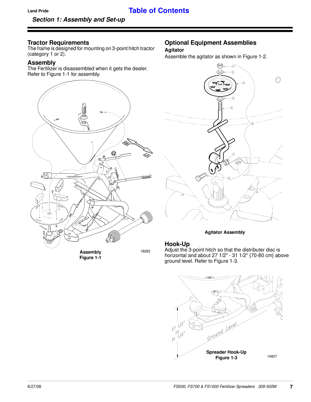 Land Pride FS1000, FS500, FS700 manual Assembly and Set-up, Tractor Requirements, Optional Equipment Assemblies, Hook-Up 