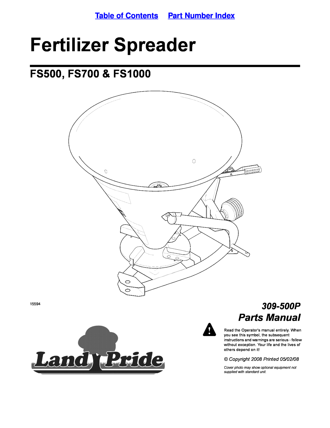 Land Pride manual Table of Contents, Fertilizer Spreaders, FS500, FS700 & FS1000, Operator’s Manual, 309-500M 