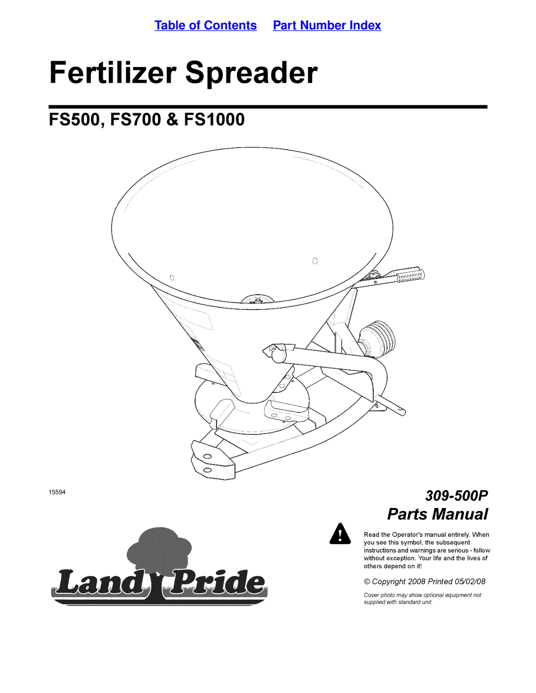 Land Pride FS1000, FS500, FS700 manual Fertilizer Spreader 