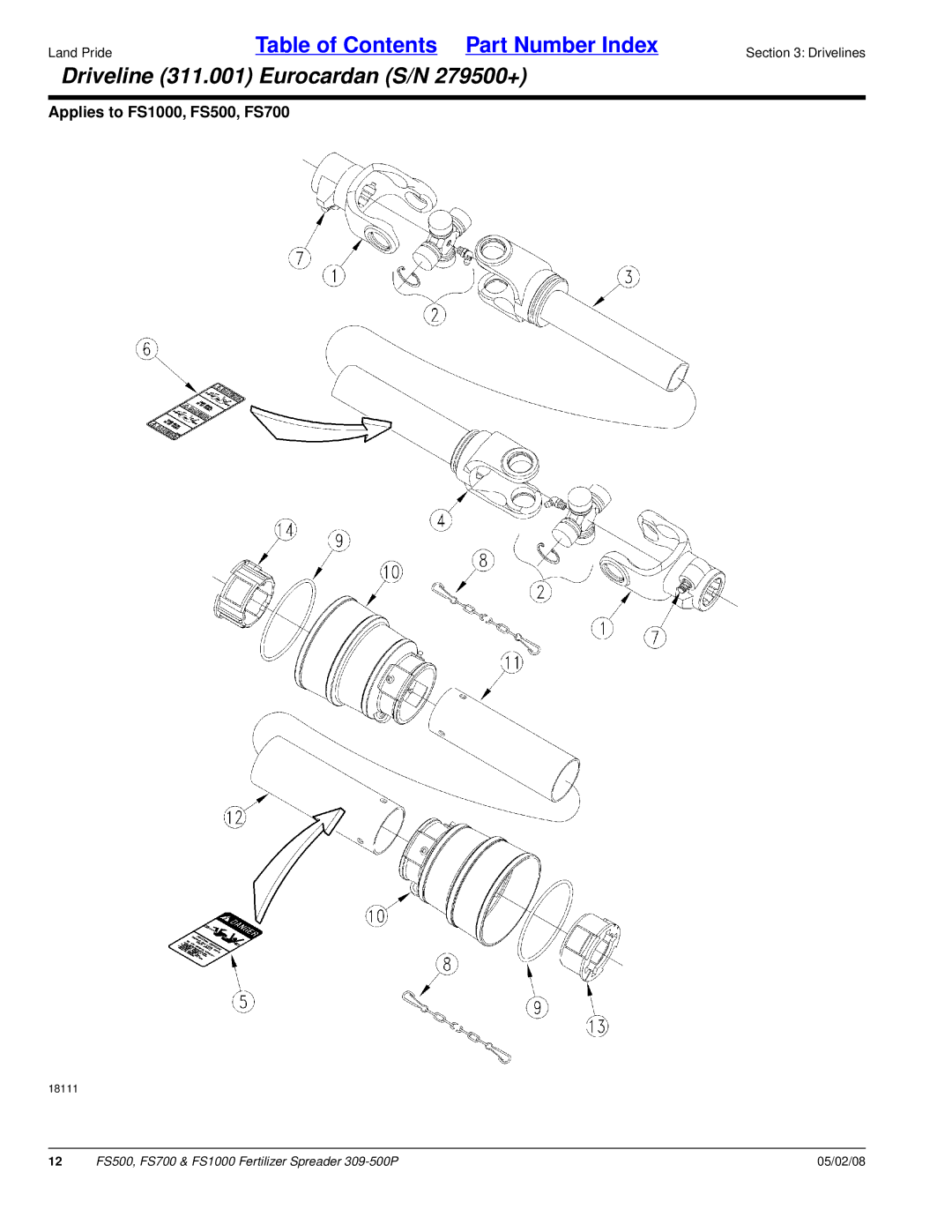 Land Pride FS500, FS1000, FS700 manual Driveline 311.001 Eurocardan S/N 279500+ 