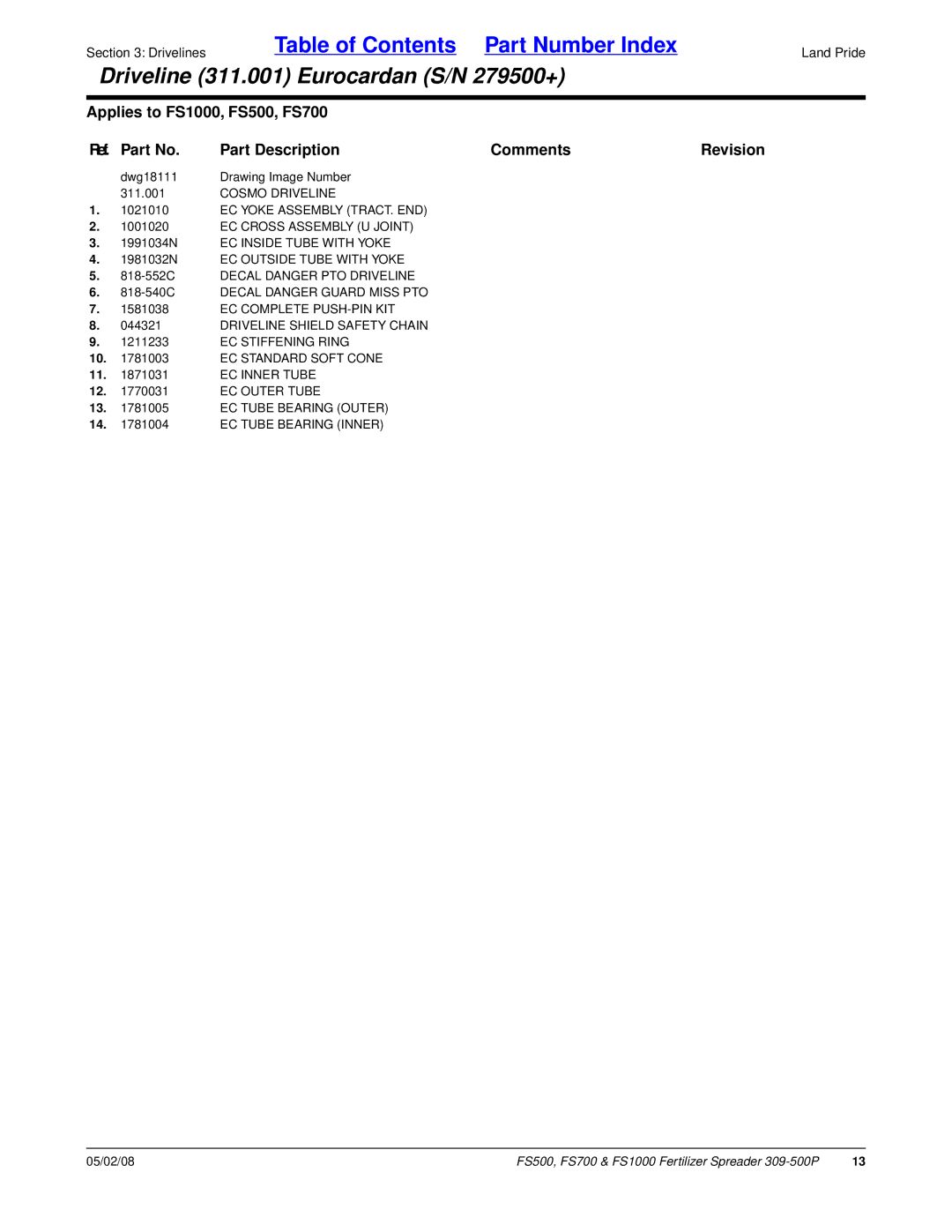 Land Pride FS1000, FS500, FS700 manual Dwg18111 Drawing Image Number 