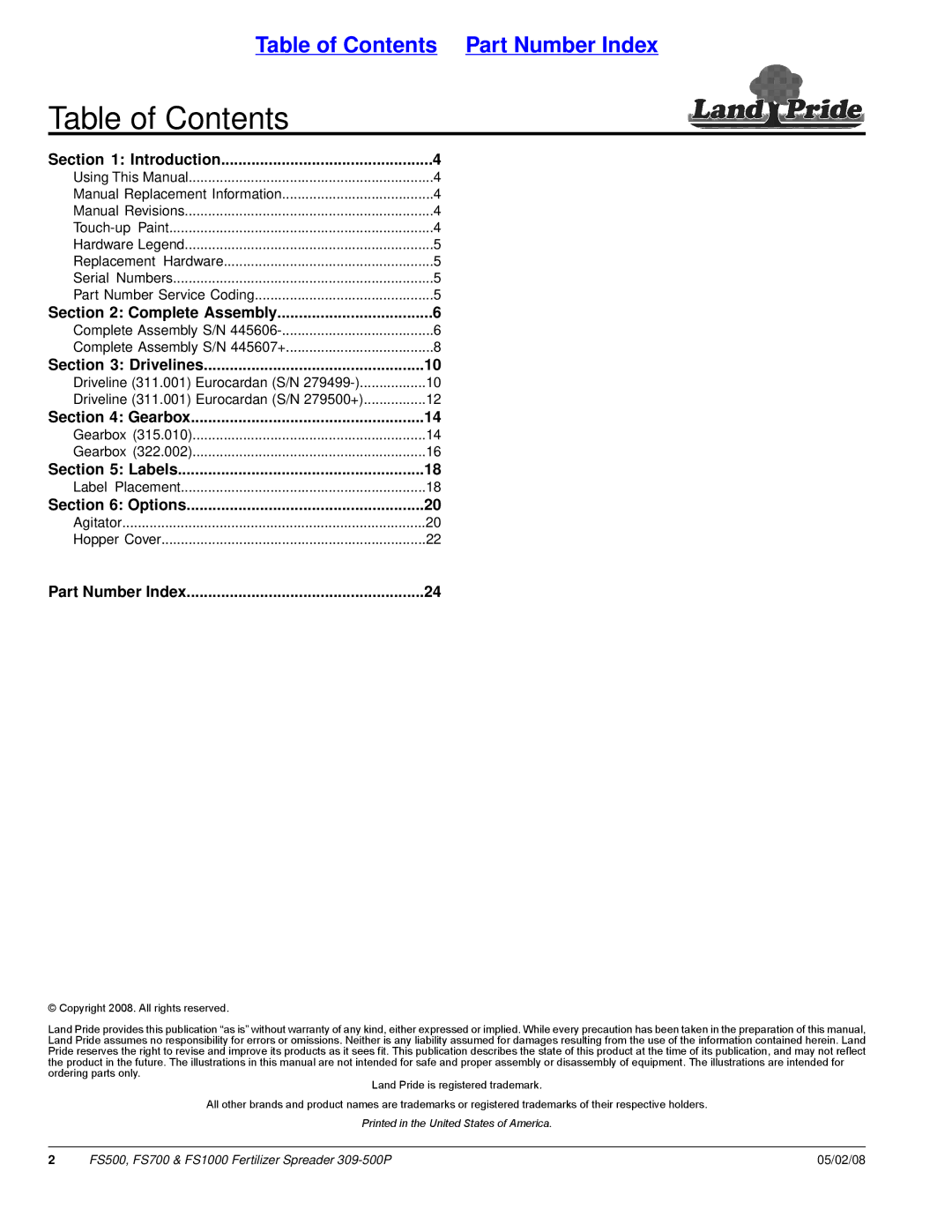 Land Pride FS700, FS500, FS1000 manual Table of Contents 