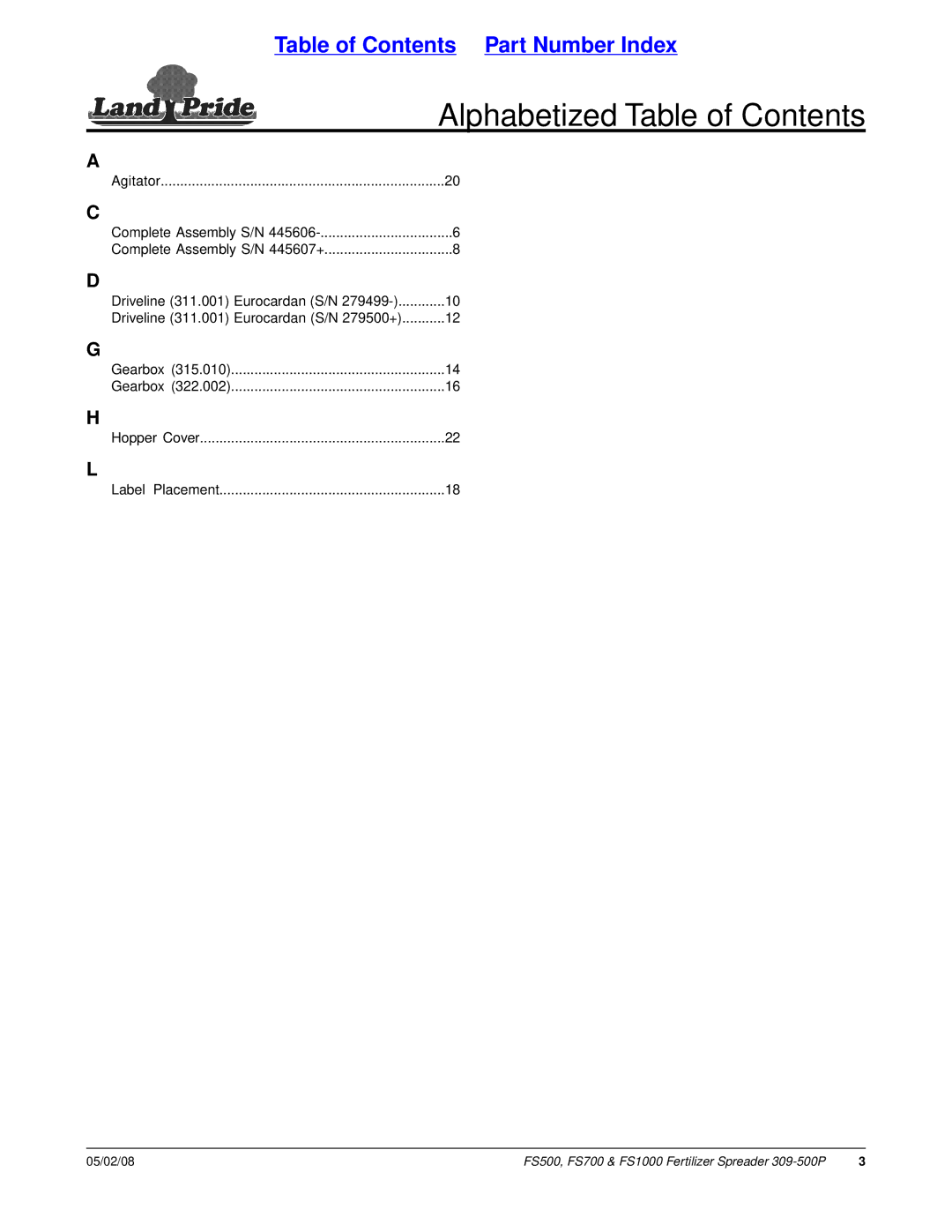 Land Pride FS500, FS1000, FS700 manual Alphabetized Table of Contents 