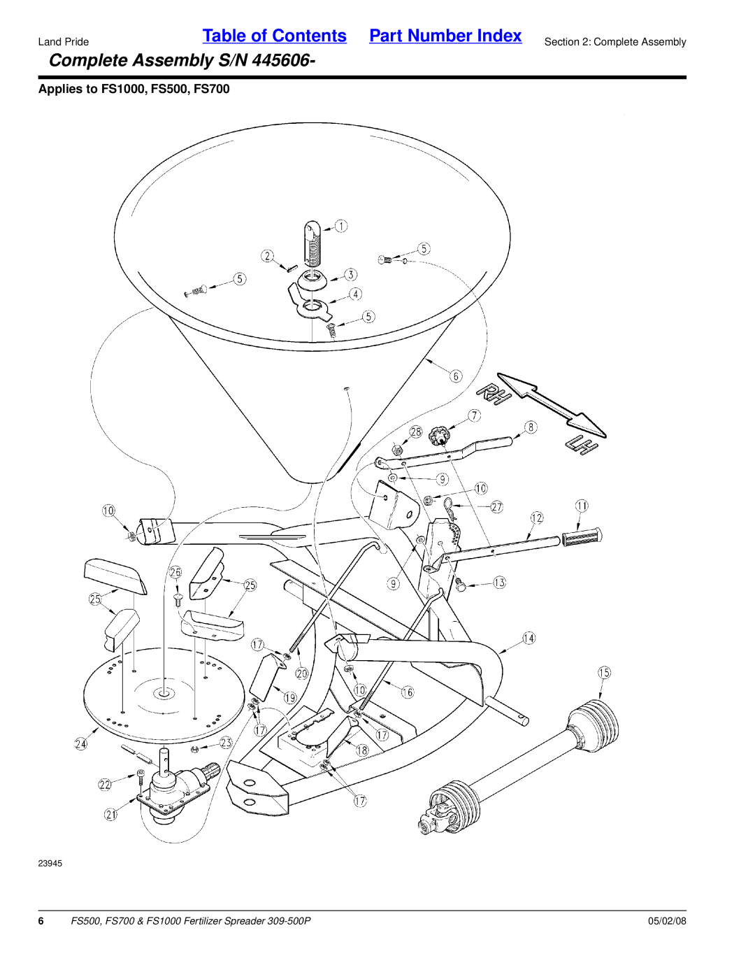 Land Pride manual Complete Assembly S/N, Applies to FS1000, FS500, FS700 