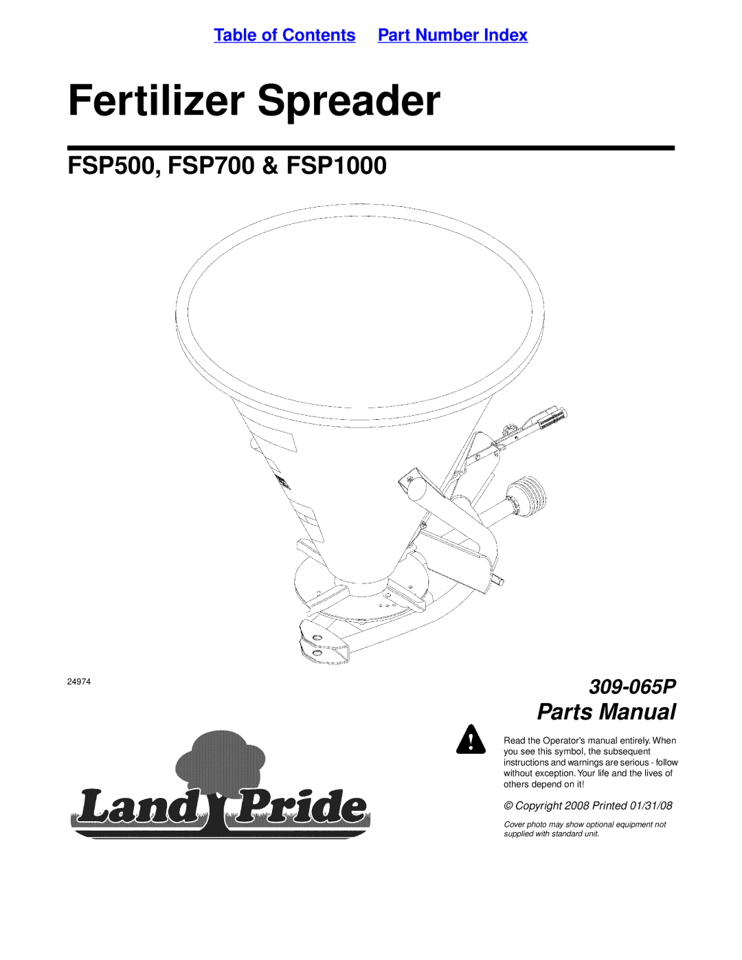 Land Pride FSP1000, FSP700, FSP500 manual Fertilizer Spreader 