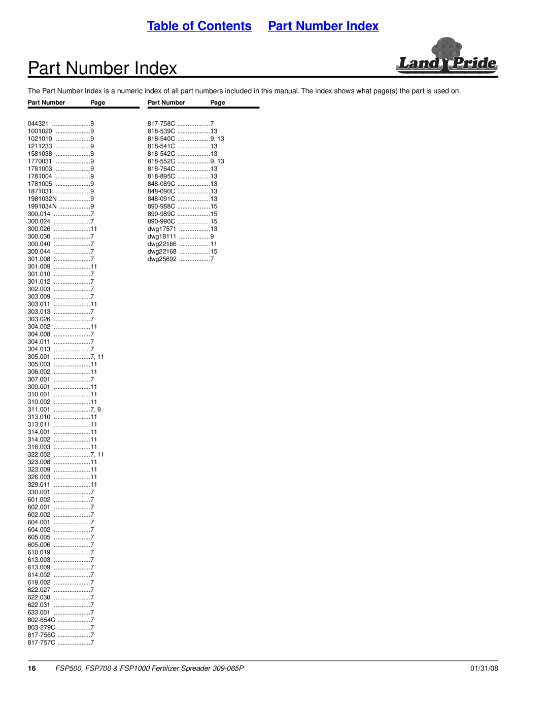 Land Pride FSP1000, FSP700, FSP500 manual Part Number Index 