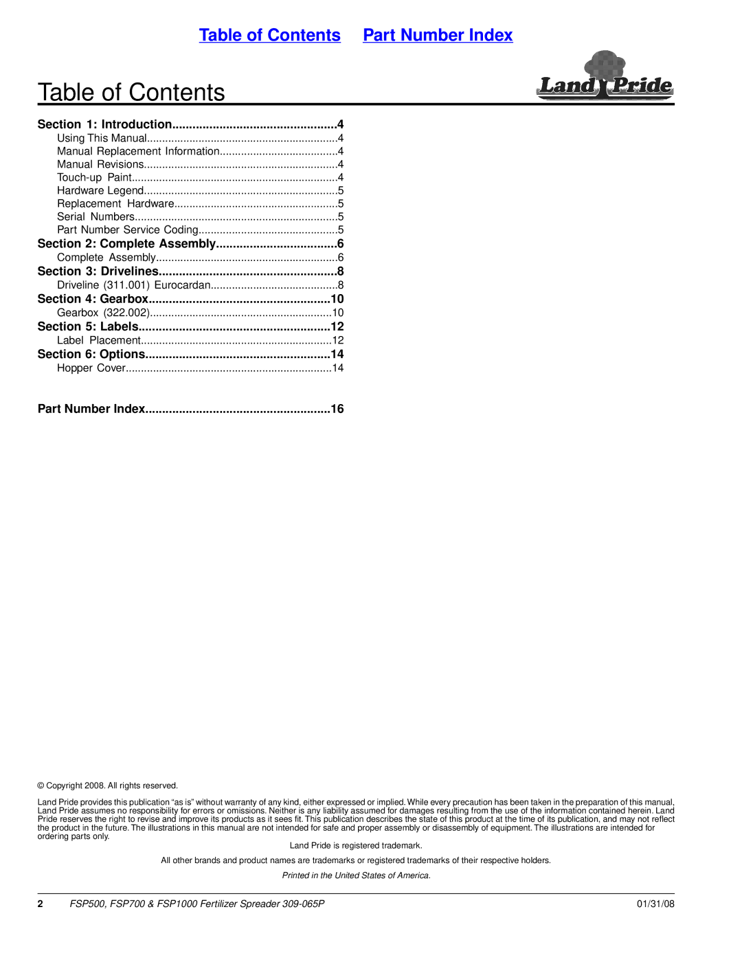 Land Pride FSP500, FSP700, FSP1000 manual Table of Contents 