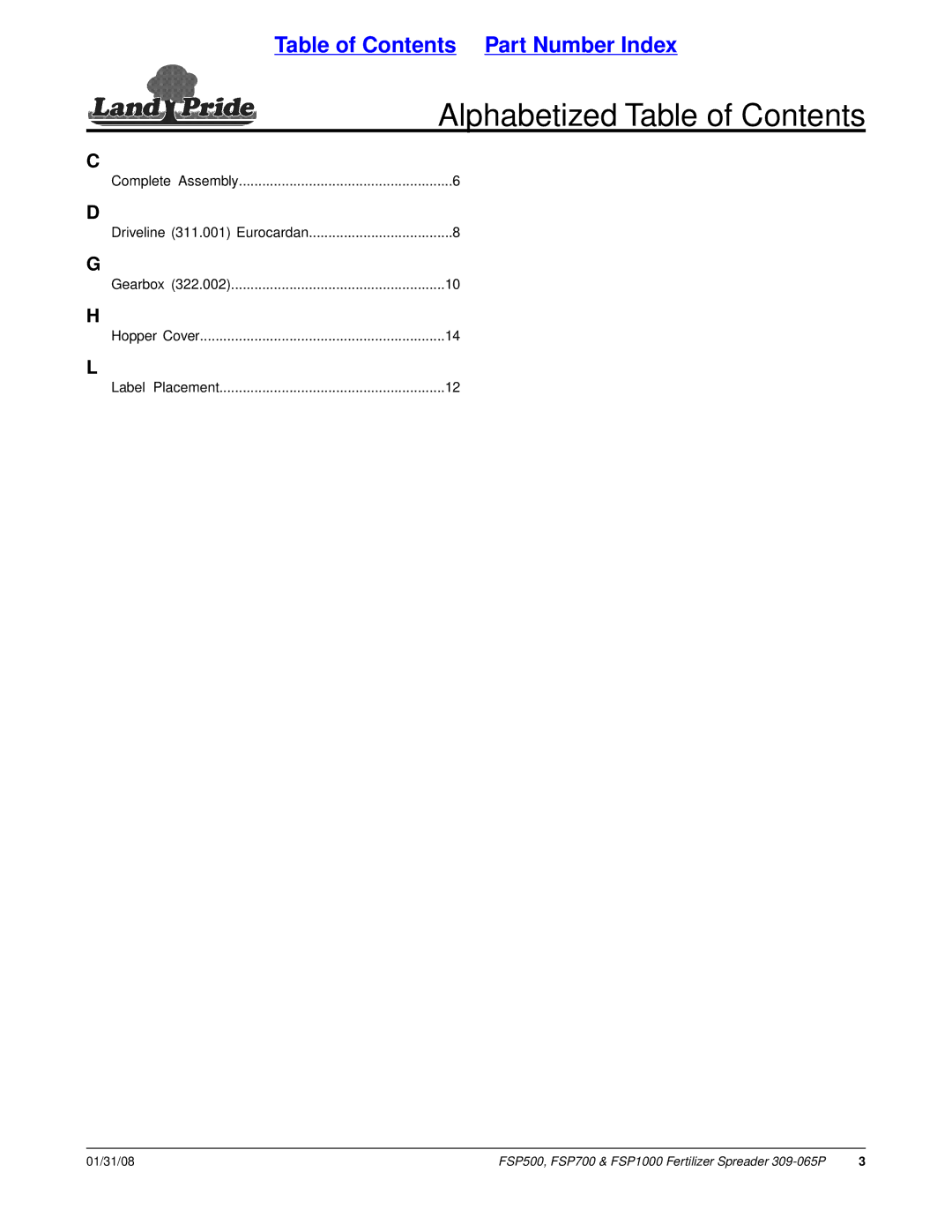 Land Pride FSP700, FSP1000, FSP500 manual Alphabetized Table of Contents 