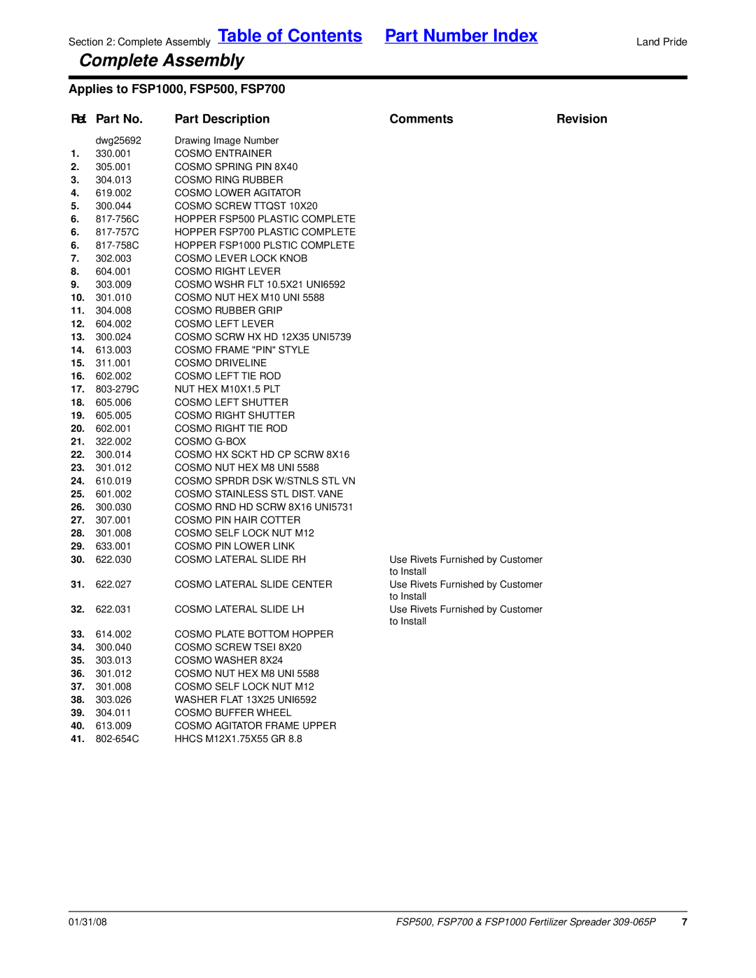 Land Pride FSP1000, FSP700, FSP500 manual Complete Assembly Table of Contents Part Number Index 