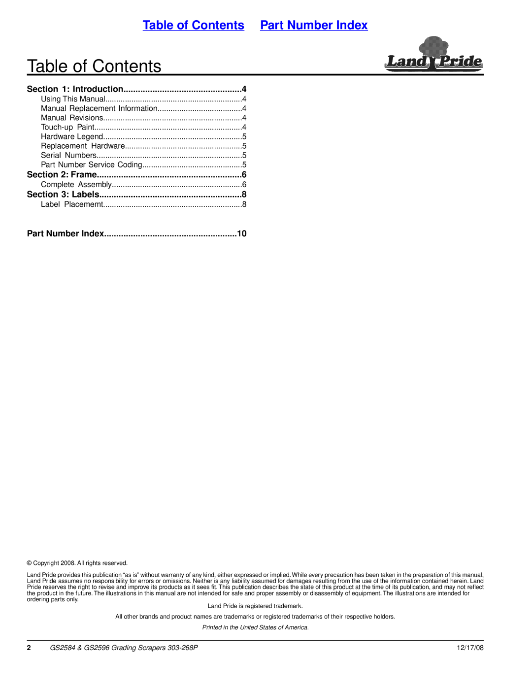 Land Pride GS2596, GS2584 manual Table of Contents 