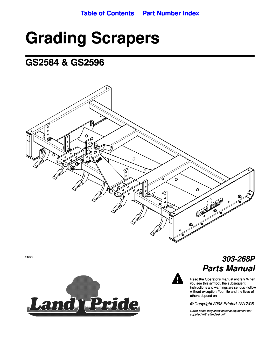 Land Pride manual Table of Contents Part Number Index, Grading Scrapers, GS2584 & GS2596, Parts Manual, 303-268P 