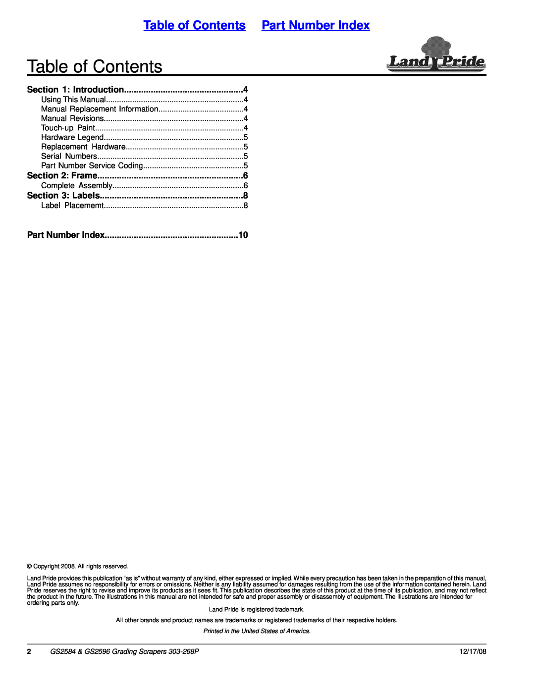 Land Pride GS2596, GS2584 manual Table of Contents Part Number Index, Introduction, Frame, Labels 