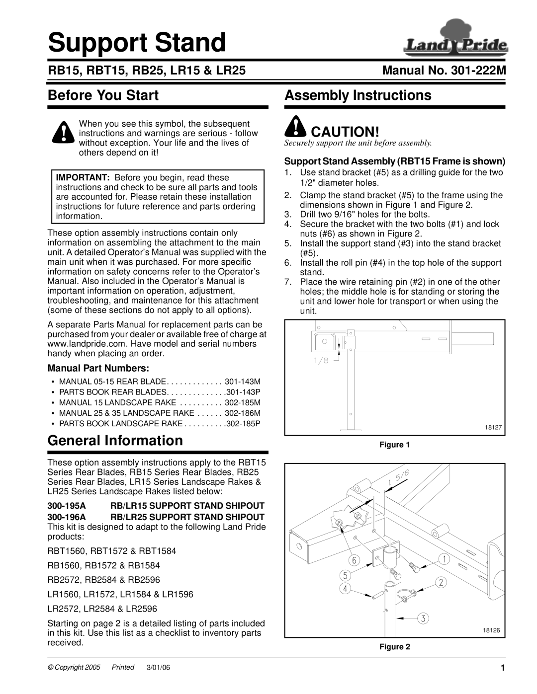 Land Pride LR25 installation instructions 300-195ARB/LR15 SUPPORT STAND SHIPOUT, Support Stand, Before You Start 