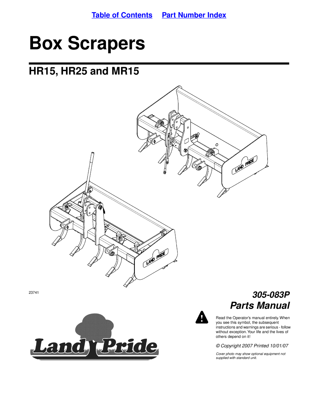 Land Pride HR25, MR15, HR15 manual Box Scrapers 