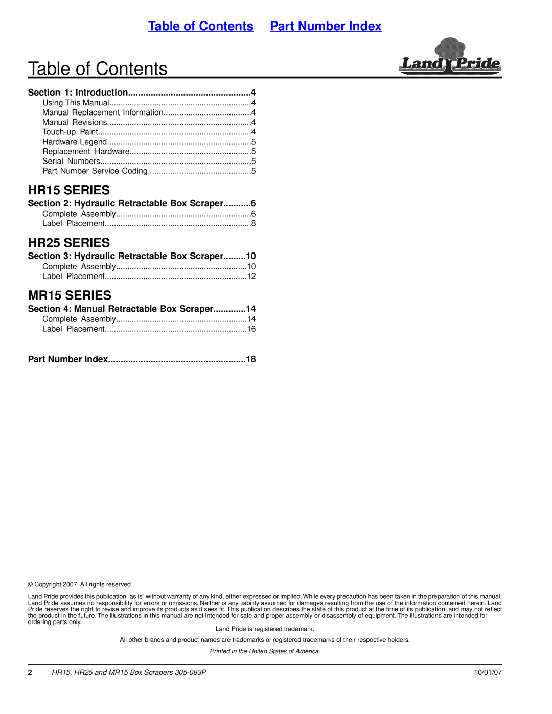 Land Pride HR15, MR15, HR25 manual Table of Contents 