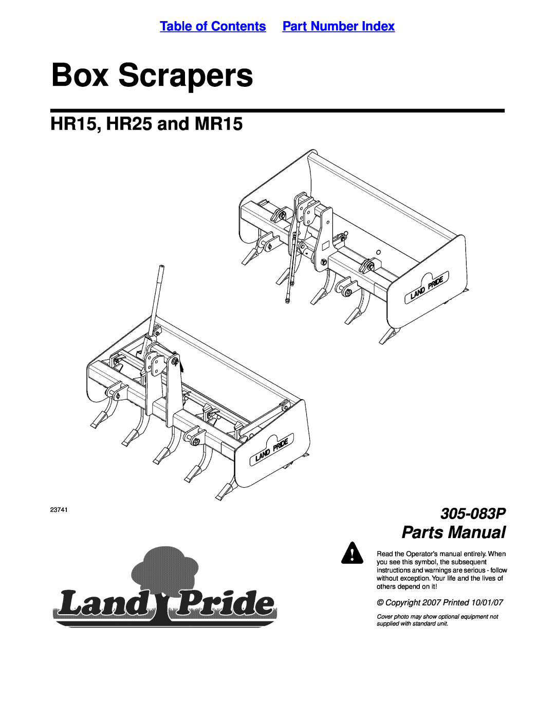 Land Pride manual Table of Contents Part Number Index, Box Scrapers, HR15, HR25 and MR15, Parts Manual, 305-083P 