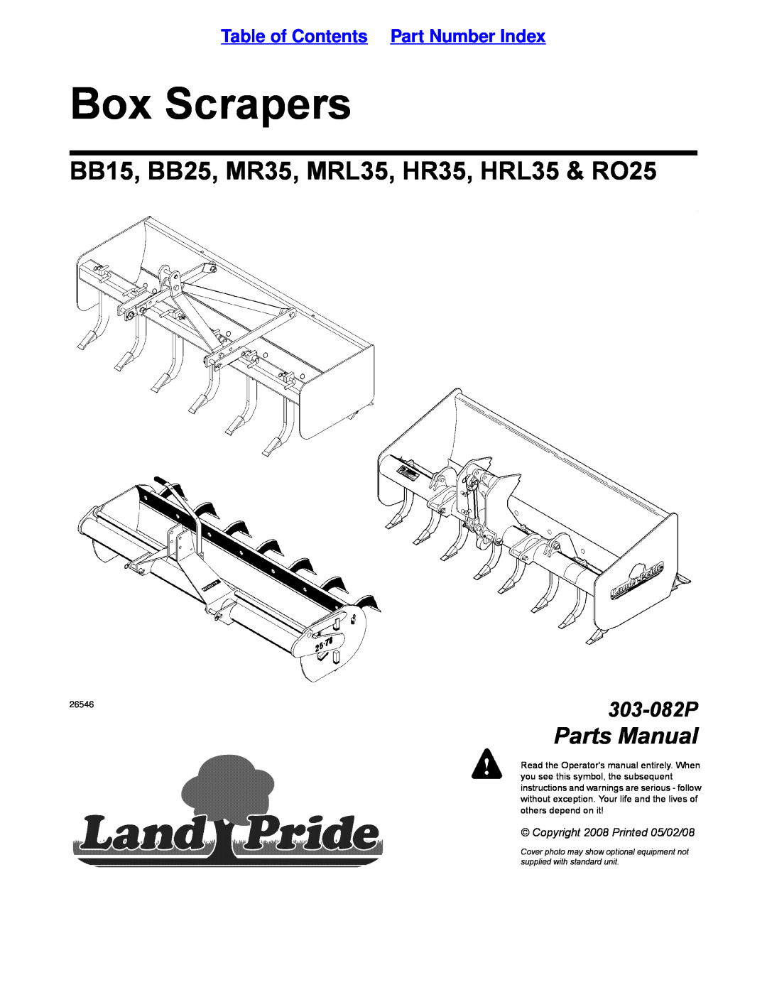 Land Pride manual Table of Contents Part Number Index, Box Scrapers, BB15, BB25, MR35, MRL35, HR35, HRL35 & RO25 
