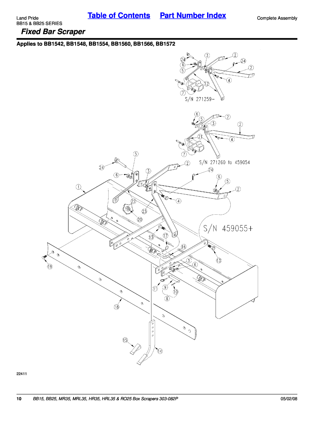 Land Pride MR35 Table of Contents Part Number Index, Fixed Bar Scraper, Land Pride, BB15 & BB25 SERIES, Complete Assembly 