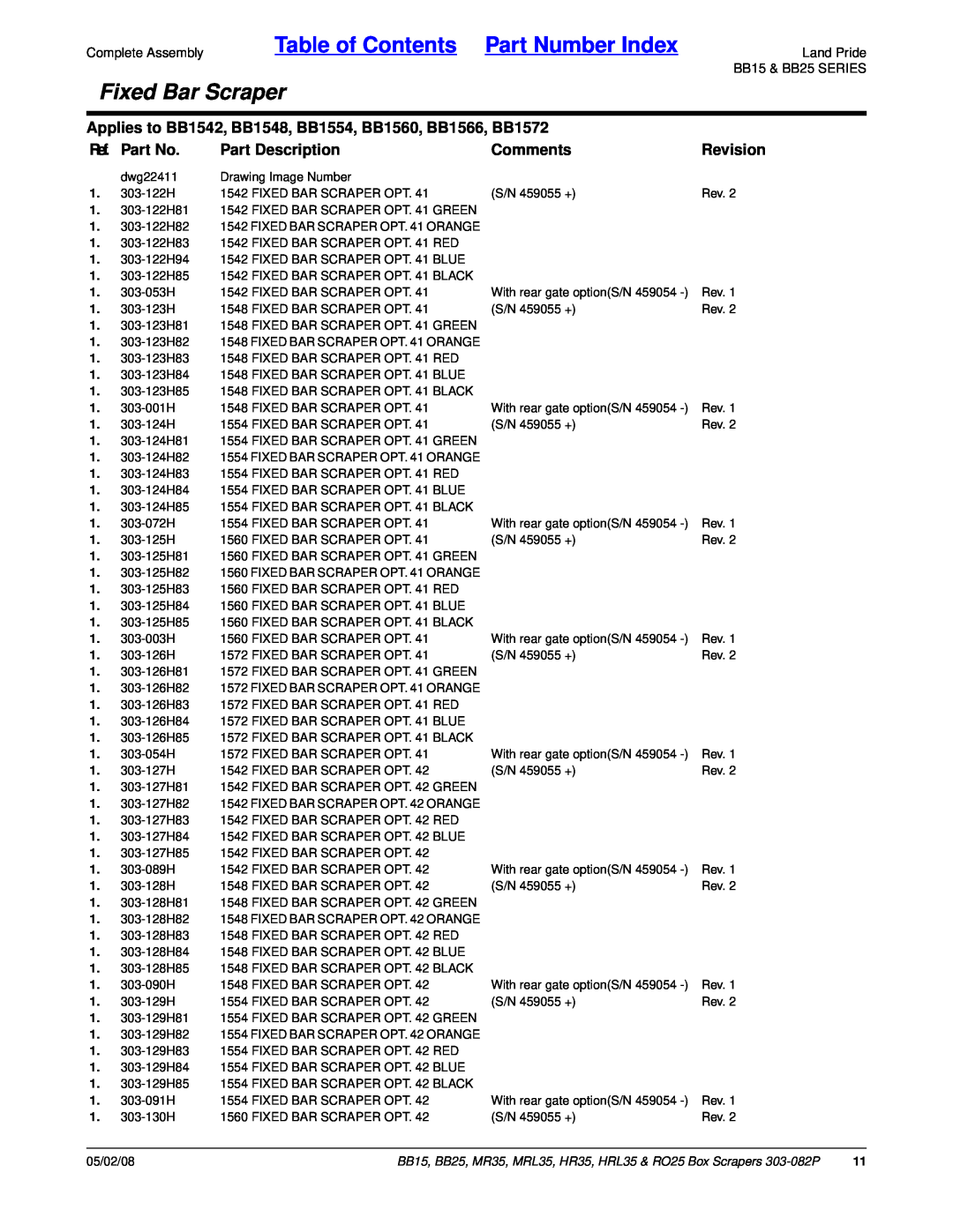 Land Pride MRL35, MR35 Fixed Bar Scraper, Table of Contents Part Number Index, Ref. Part No, Part Description, Comments 