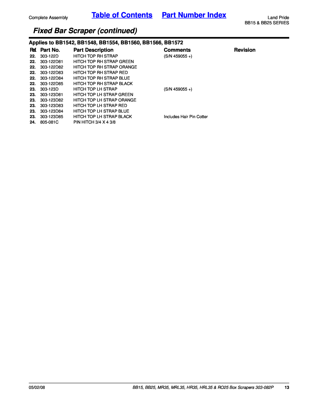 Land Pride HR35 Table of Contents Part Number Index, Fixed Bar Scraper continued, Ref. Part No, Part Description, Comments 