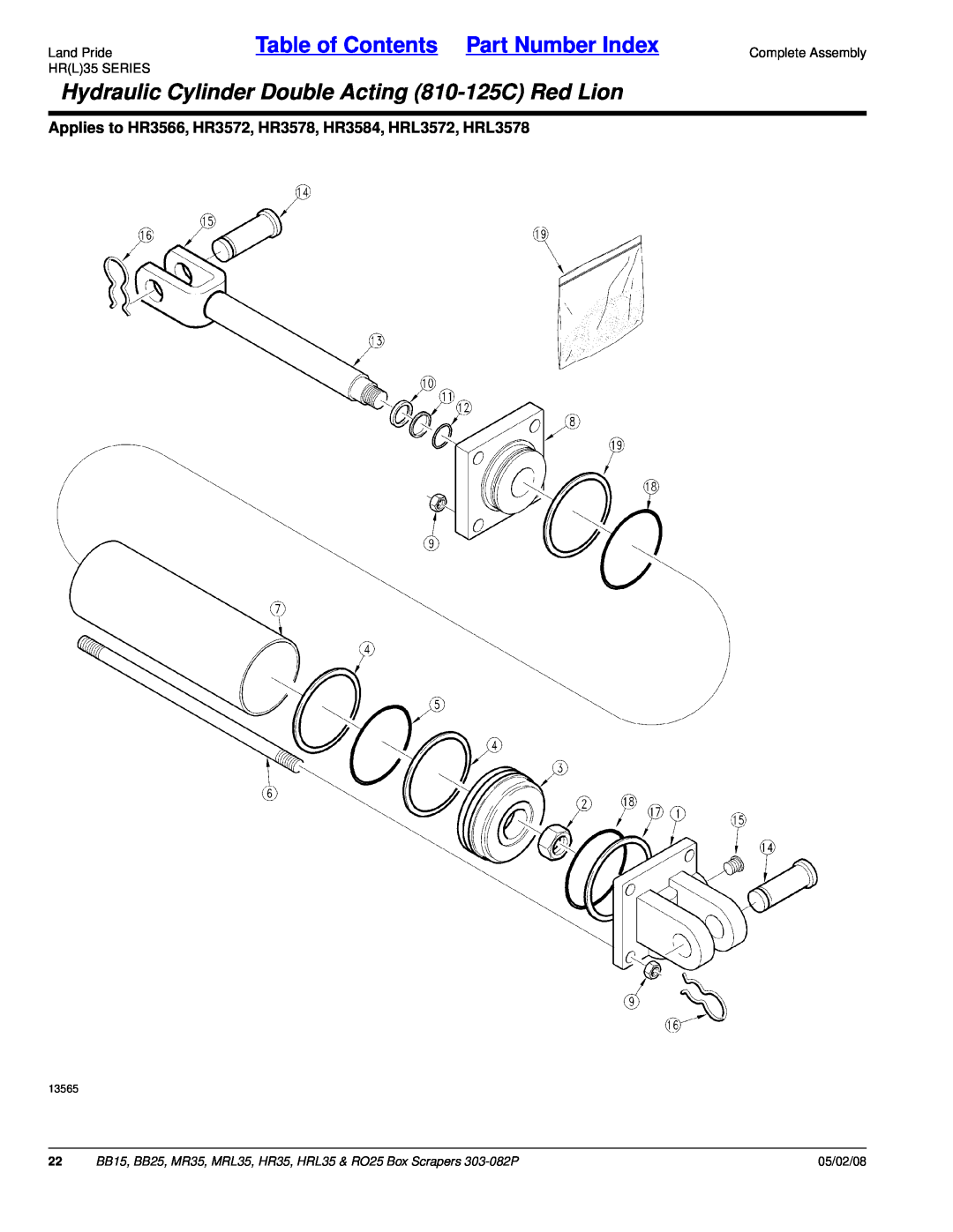 Land Pride HRL35, MR35 Hydraulic Cylinder Double Acting 810-125CRed Lion, Table of Contents Part Number Index, Land Pride 