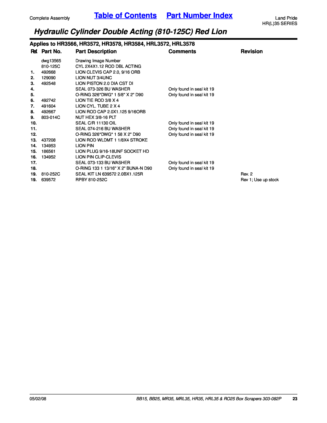 Land Pride HR35 CommentsRevision, Table of Contents Part Number Index, Hydraulic Cylinder Double Acting 810-125CRed Lion 