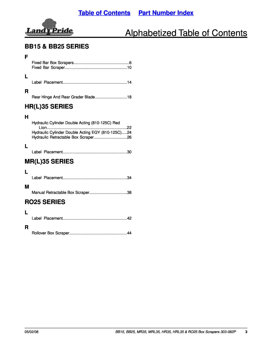 Land Pride HR35 Alphabetized Table of Contents, Table of Contents Part Number Index, BB15 & BB25 SERIES, HRL35 SERIES 