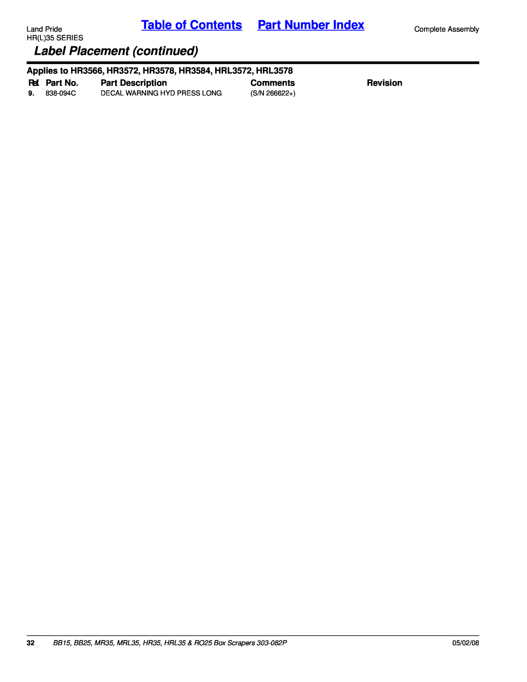 Land Pride HRL35 Table of Contents Part Number Index, Label Placement continued, Ref. Part No, Part Description, Comments 