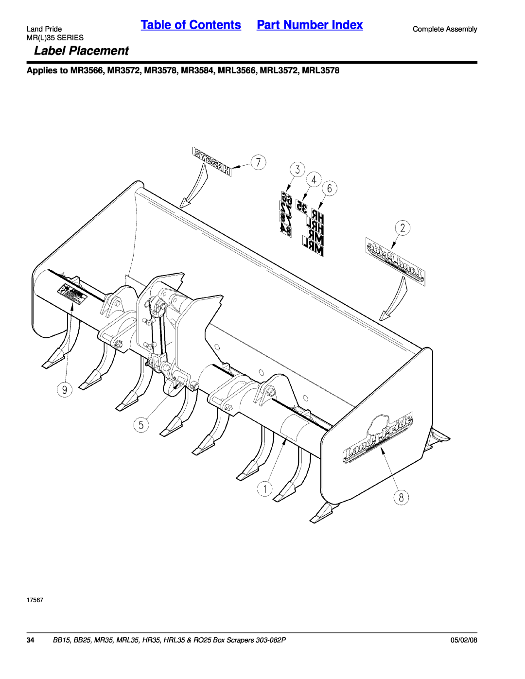 Land Pride RO25, MR35 Table of Contents Part Number Index, Label Placement, Land Pride, MRL35 SERIES, Complete Assembly 