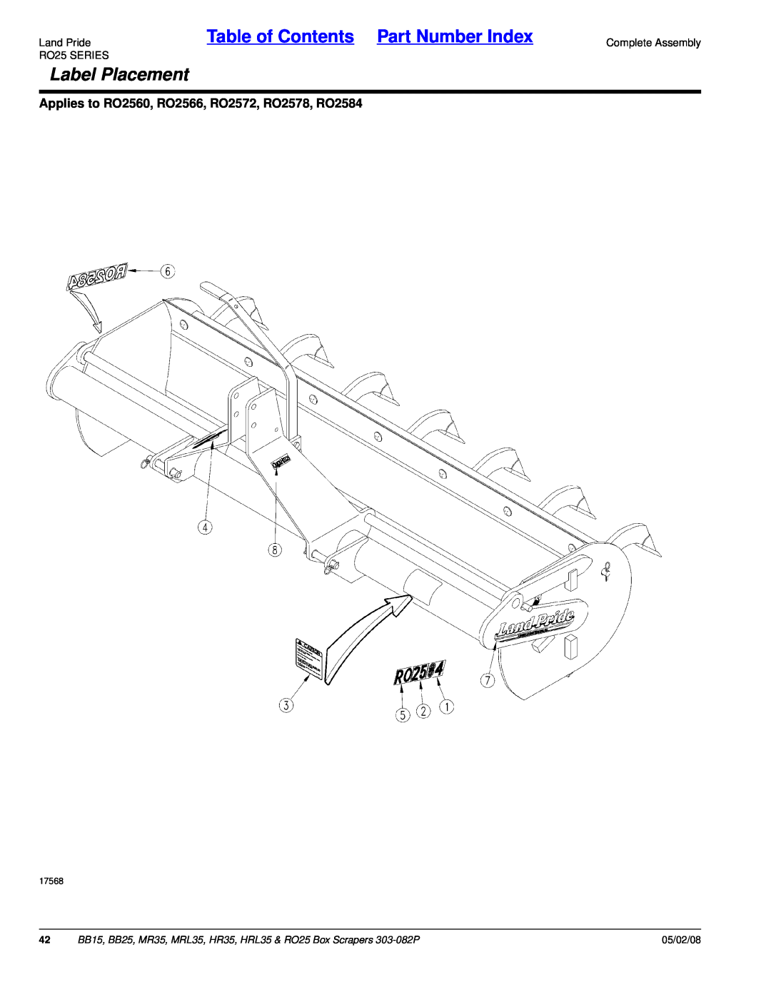 Land Pride HRL35 Applies to RO2560, RO2566, RO2572, RO2578, RO2584, Table of Contents Part Number Index, Label Placement 