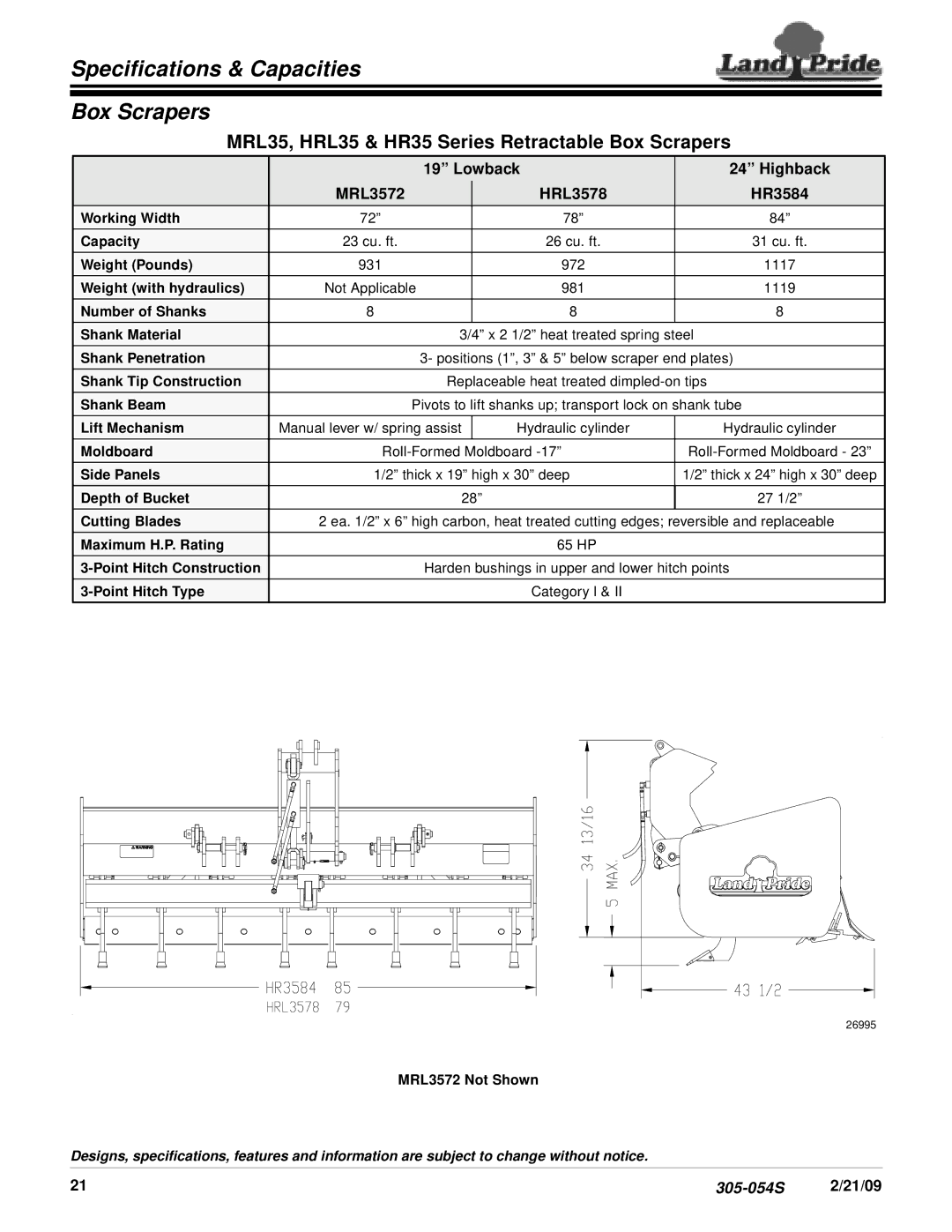 Land Pride specifications Specifications & Capacities Box Scrapers, Lowback Highback MRL3572 HRL3578 HR3584, 21/09 