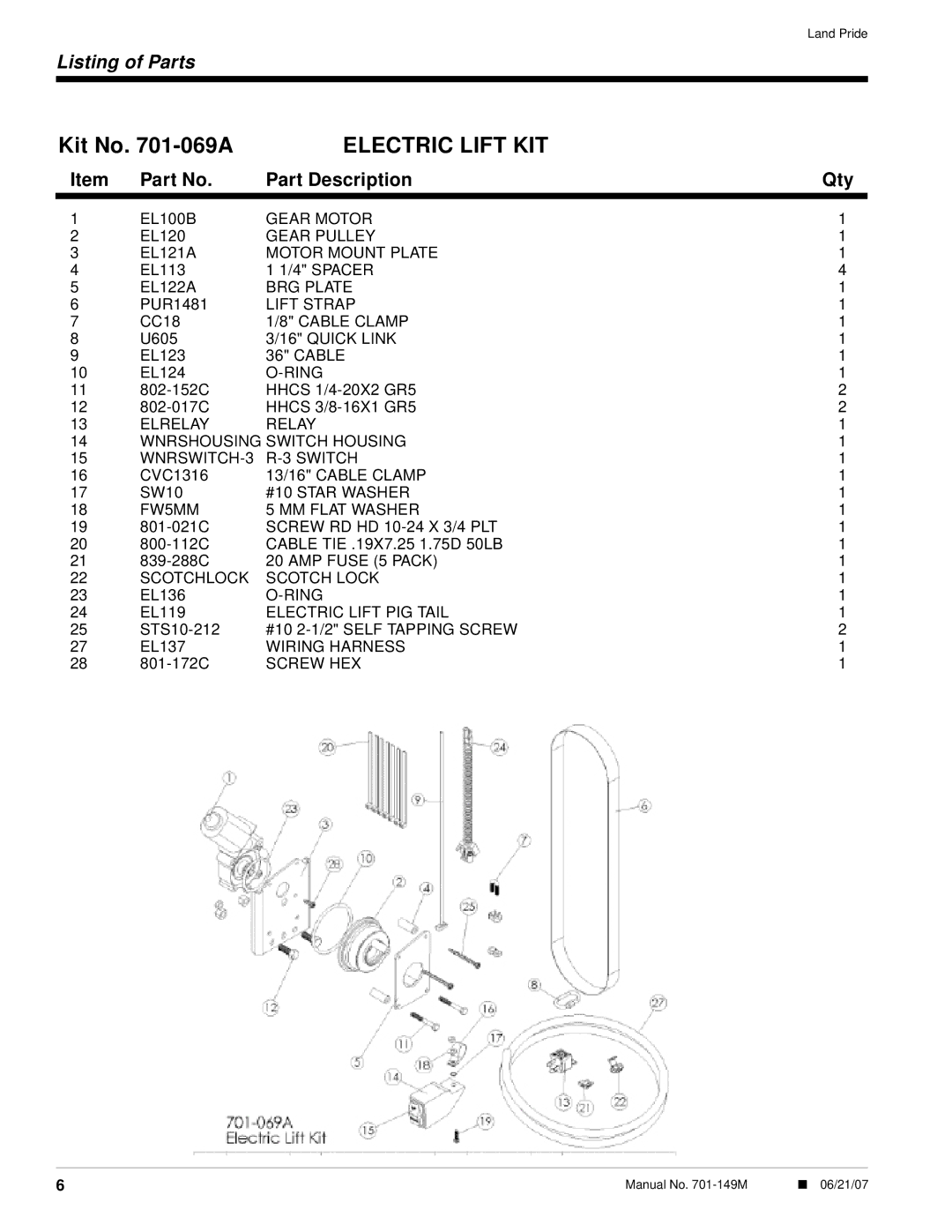 Land Pride NT Series, ST Series, 701-069A installation instructions Electric Lift KIT 