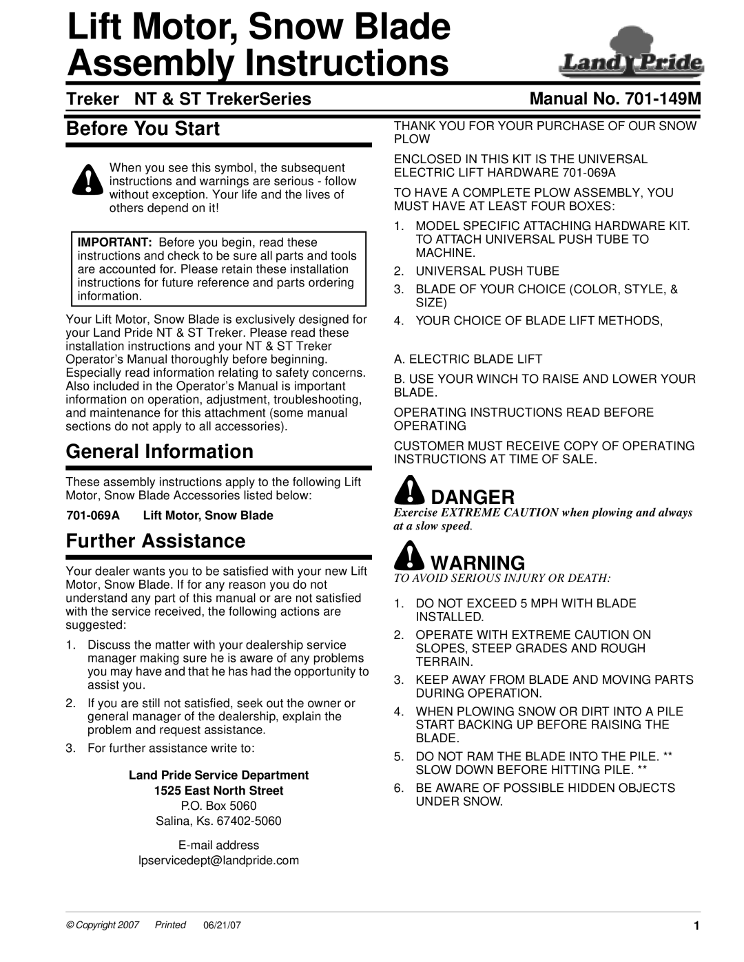 Land Pride ST Series, 701-069A installation instructions Before You Start, General Information, Danger, Further Assistance 