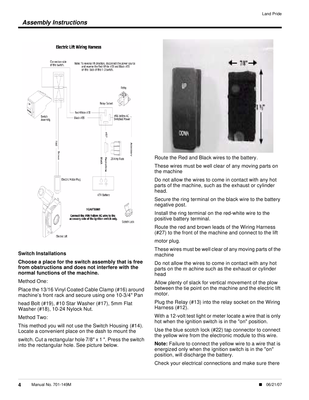 Land Pride ST Series, NT Series, 701-069A installation instructions Switch Installations, Assembly Instructions 