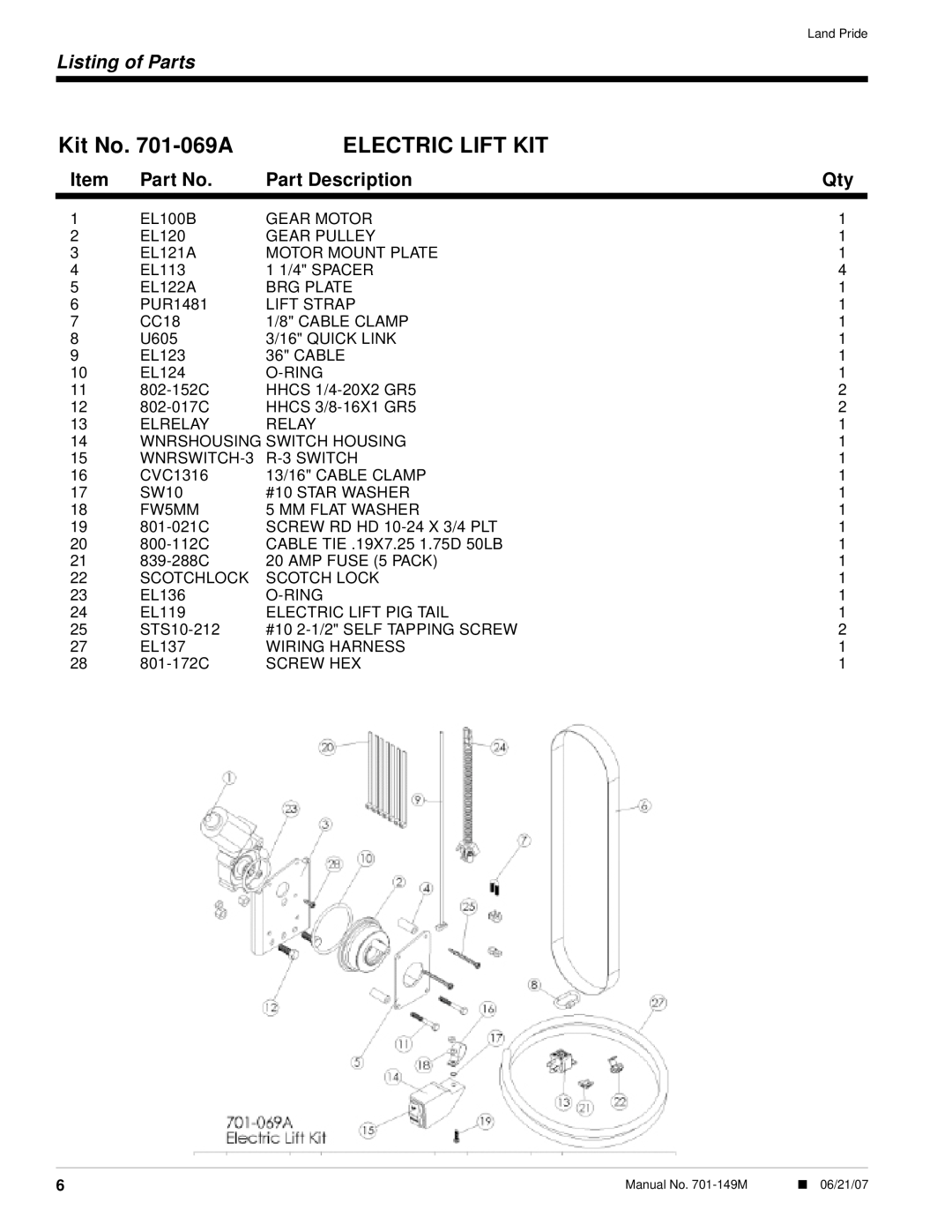 Land Pride NT Series, ST Series Kit No. 701-069A, Electric Lift Kit, Listing of Parts, Part Description 