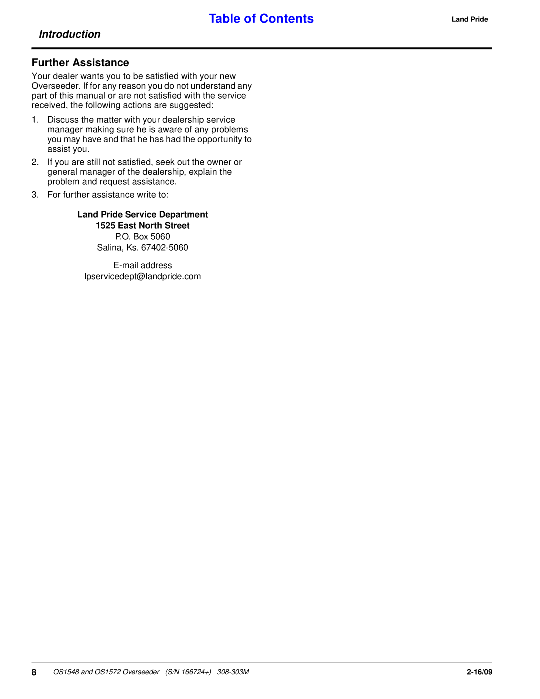 Land Pride OS1548, OS1572 manual Further Assistance, Land Pride Service Department East North Street 