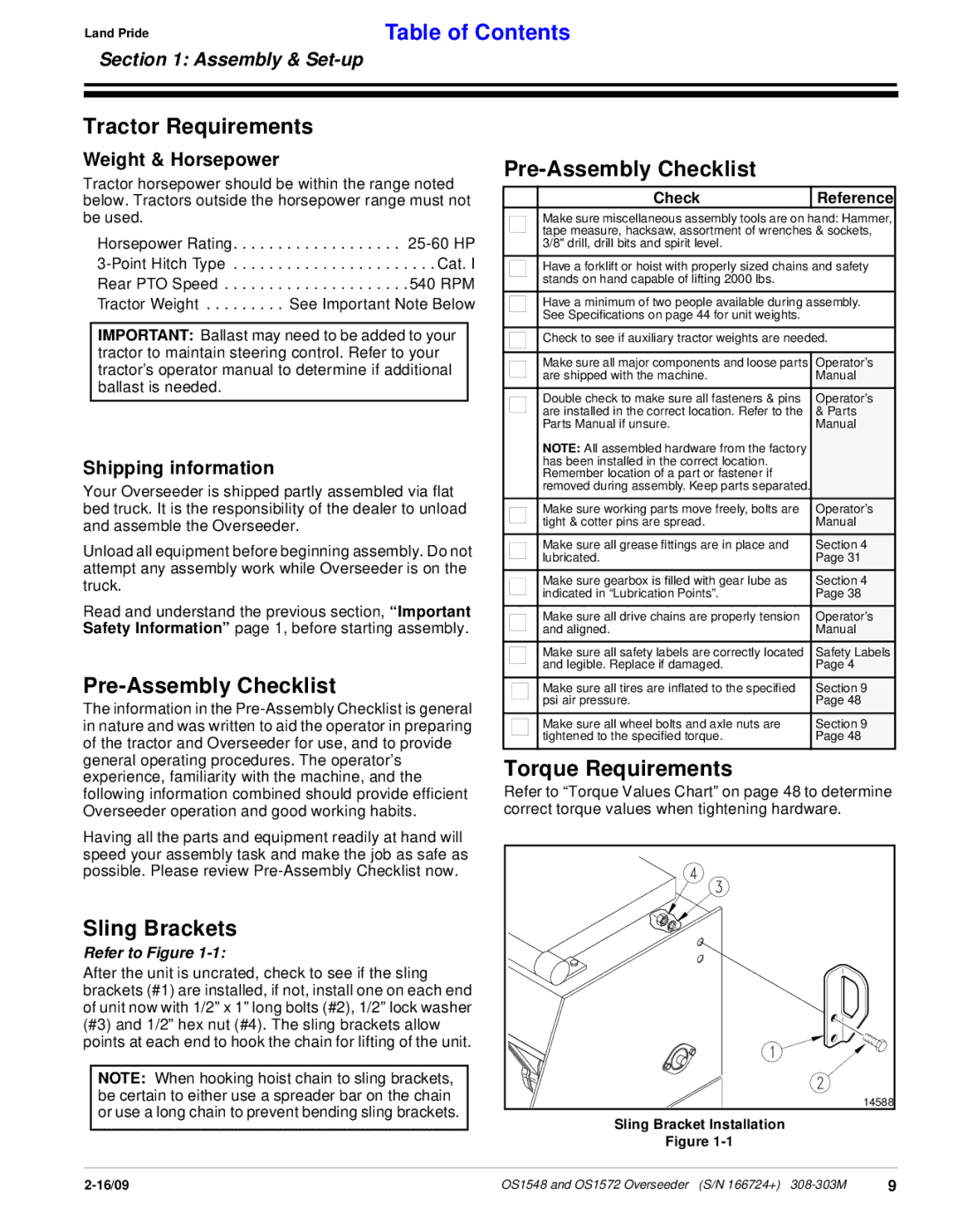 Land Pride OS1572, OS1548 manual Tractor Requirements, Pre-Assembly Checklist, Sling Brackets, Torque Requirements 